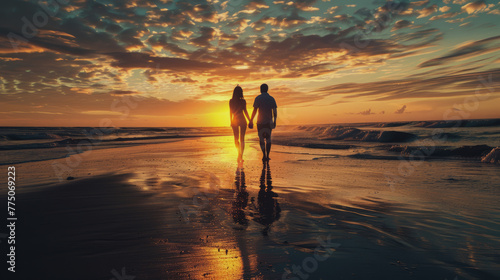 romantic couple Walking hand in hand on the beach at sunset, arms around each other, looking at the sunset. romantic atmosphere 