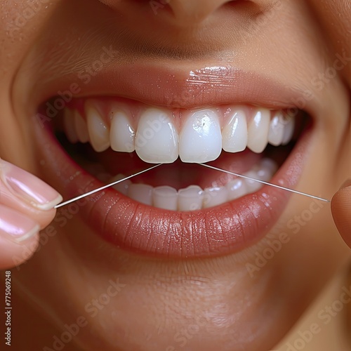 Close-up of dental floss in use, emphasis on oral hygiene photo