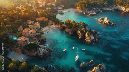 An aerial view of a quaint seaside village nestled along a rocky coastline © Be Naturally