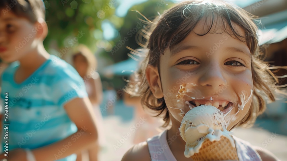 The children were eating ice cream with gusto. ice cream stained smile The children were eating ice cream with gusto. ice cream stained smile