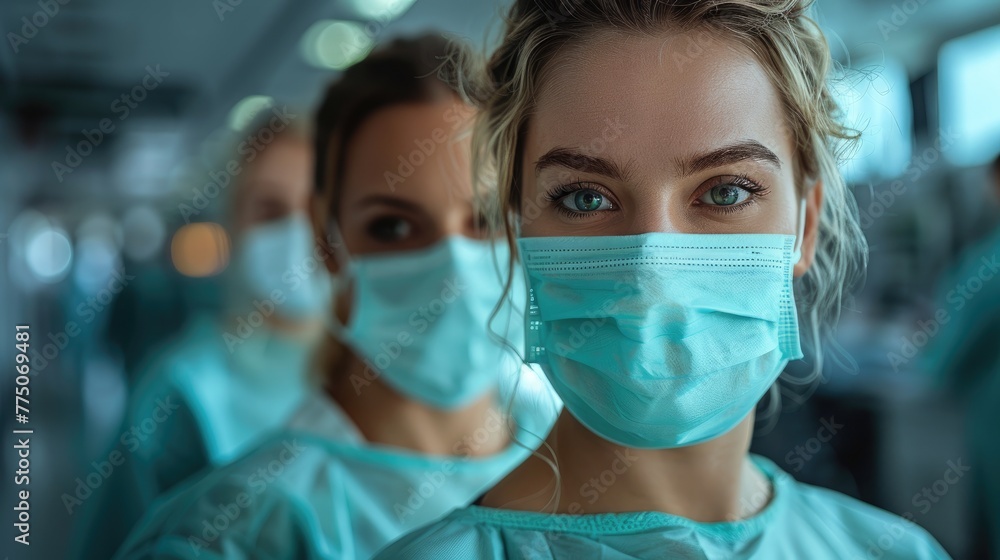 Collage of hospital staff wearing masks and gloves, working together, essential workers concept, documentary style, natural lighting Collage of hospital staff wearing masks and gloves, working together, essential workers concept, documentary style, natural lighting