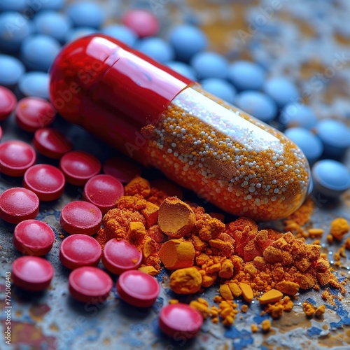 Close-up photo of a broken pill capsule spilling out colorful powders, abstract and artistic