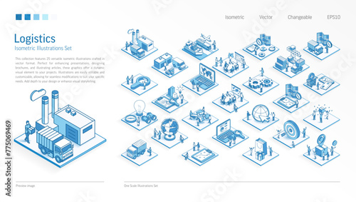 Logistic, distribution business Isometric illustrations set. Busy people teamwork 3d supply chain scenes. Men, women work team. Vector Infographic, presentation design. Transport, factory icon concept photo