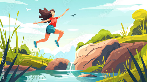 Mulher saltando entre as pedras sobre um lago - Ilustração