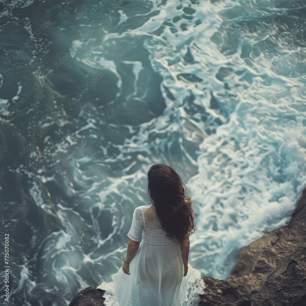 Alone bride in a white gown gazes out at the ocean from a cliff's edge