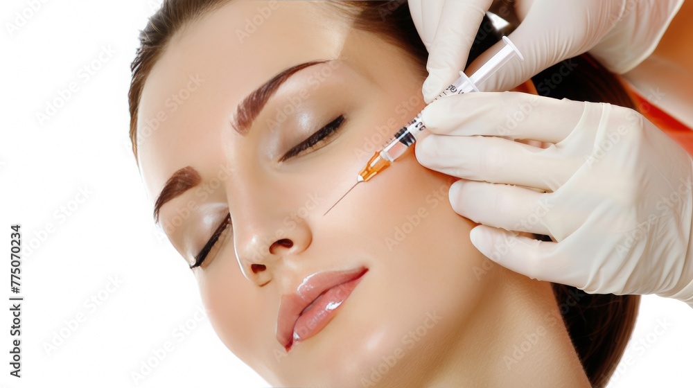 Cosmetology procedure, beautiful face and syringe. Wrinkle smoothing concept, beauty photography. Botox injections.