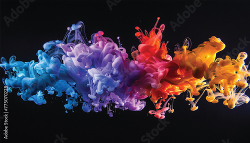 Acrylic blue and red colors in water. Inkblot. Abstract black background. Bright color clouds. Splash of color paint, water or smoke on dark background.