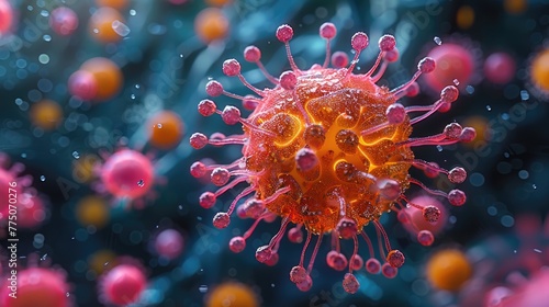 Illustration of a virus cell attacking a healthy cell, medical research concept