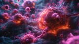 Microscopic view of engineered cells attacking cancerous tumors, detailed and scientific