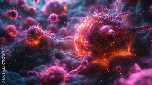 Microscopic view of engineered cells attacking cancerous tumors, detailed and scientific