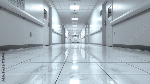 Monochromatic image of a hospital hallway stretching into infinity  sterile and empty