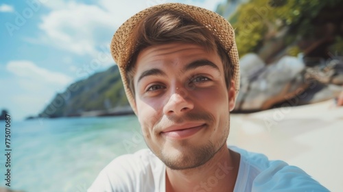 close-up shot of a good-looking male tourist. Enjoy free time outdoors near the sea on the beach. Looking at the camera while relaxing on a clear day Poses for travel selfies smiling happy tropical #775070687