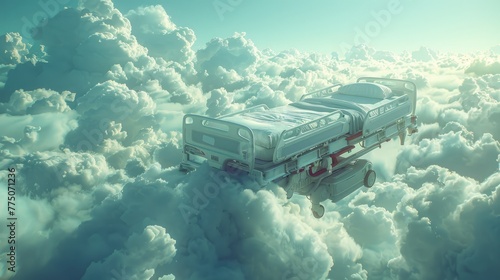 Surreal image of a floating hospital bed in a cloudy sky, dreamlike and ethereal atmosphere, soft pastel colors