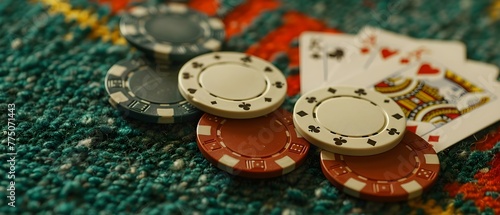 Four poker chips with card suits on a casino background symbolizing gambling and online poker. Concept Casino, Gambling, Poker Chips, Card Suits, Online Poker