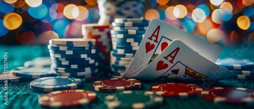 Symbolizing gambling and online poker: Four poker chips with card suits on a casino background. Concept Gambling, Poker Chips, Card Suits, Casino Background, Online Poker