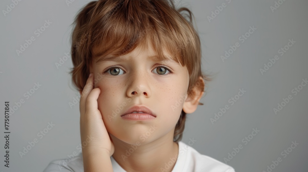little boy presses hand to cheek, suffers from pain in tooth isolated on gray studio background. Teeth decay, dental problems, child emotions and facial expression little boy presses hand to cheek, suffers from pain in tooth isolated on gray studio background. Teeth decay, dental problems, child emotions and facial expression
