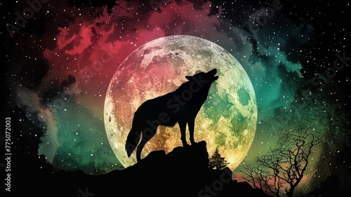 Mystical wolf howling at a cosmic moon - A captivating digital art piece of a wolf silhouette howling against a vibrant galaxy-patterned moon backdrop