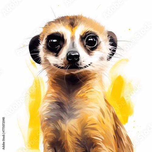 Cute meerkat on a white background. Watercolor illustration. Watercolor splashes. photo