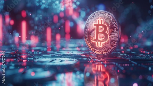 Illuminated Bitcoin on a futuristic blue circuit board - A close-up render of a Bitcoin, symbolizing the modernity of cryptocurrency against a backdrop of a digital circuit ecosystem