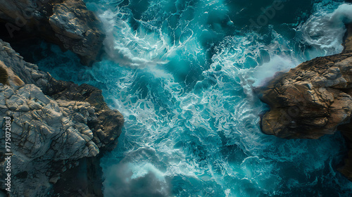An aerial view of a rocky coastline battered by crashing waves