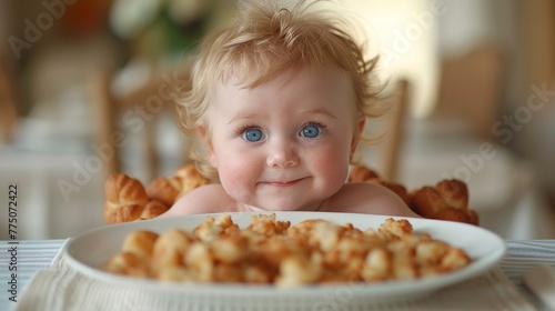 A baby with blue eyes sitting in front of a plate full of food, AI