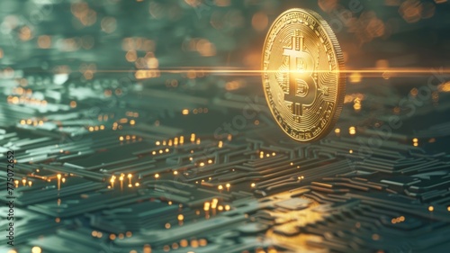 Golden Bitcoin over a complex circuitry background - A single Bitcoin stands out with a golden glow amidst complex silver circuits representing the network of cryptocurrency