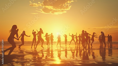 3D animation of happy tourists dancing on a beach at sunset their silhouettes against the golden sky photo