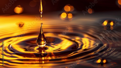 Detailed 3D visualization of a droplet of essential oil falling into water creating ripples and releasing its aromatic essence