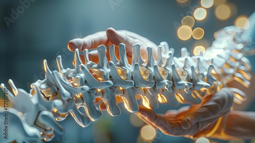 Detailed 3D model of the human spine being adjusted by virtual chiropractic hands highlighting the complexity of the vertebral column and the precision of the treatment photo