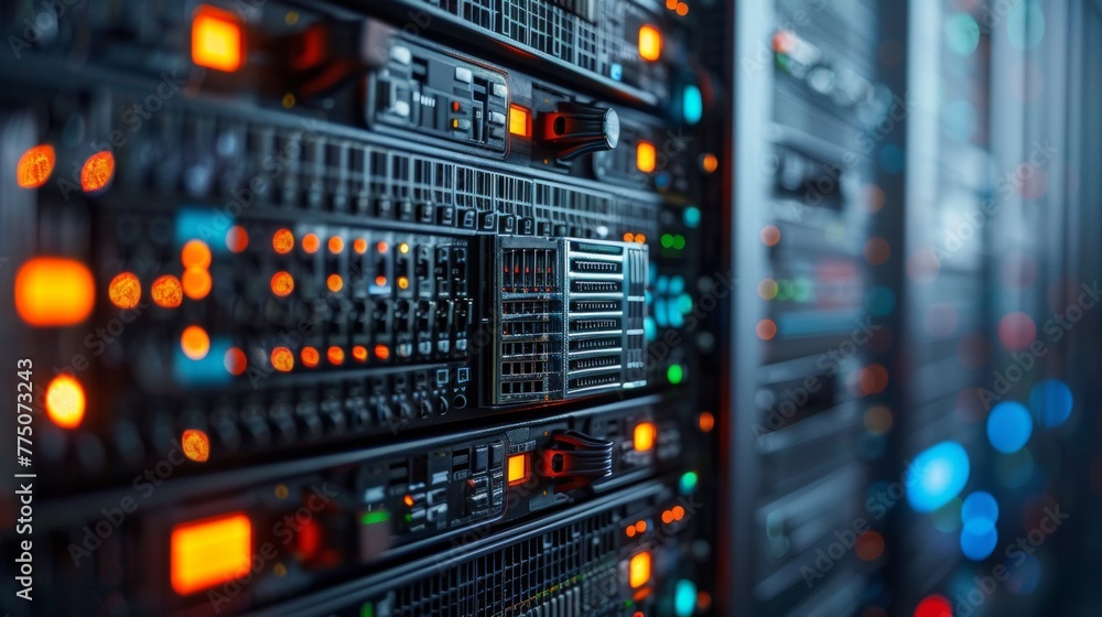 A close up of a server rack with lights and buttons, AI A close up of a server rack with lights and buttons, AI