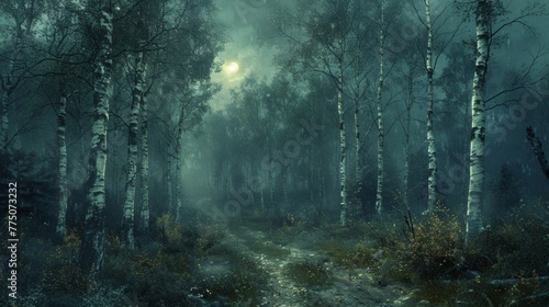 enchanted forest where shadows cling to the bark of silver-birch trees like dark velvet