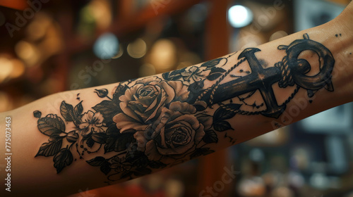 Flowers and an anchor tattooed on the forearm photo