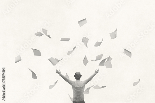 illustration of man throwing sheets of paper in the air, surreal concept