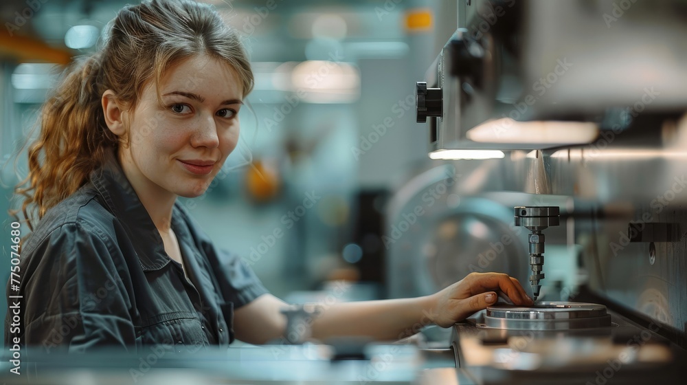 A woman is working at a CNC machine in the workshop of an aluminium processing company. Generative AI.