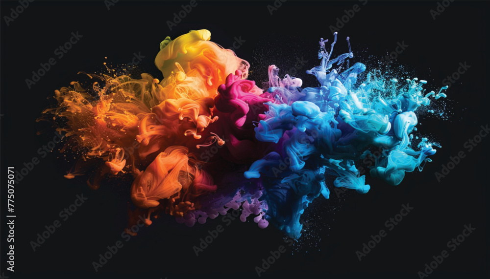 Acrylic blue and red colors in water. Ink blot. Abstract black background. Bright color clouds. Splash of color paint, water or smoke on dark background.