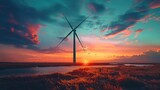 A single wind turbine silhouetted against a sky painted in the vibrant colors of sunrise. Generative AI.