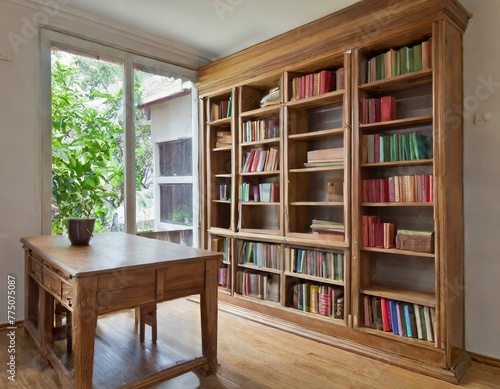 wooden room concept, study room and bookshelf
