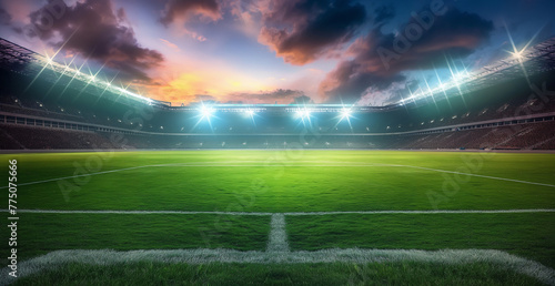 Sunset Over an Empty Soccer Stadium with Dramatic Clouds and Floodlights © UrbanOrigami