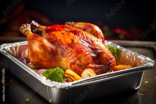 Delicious roast chicken in a bento box against an aluminum foil background