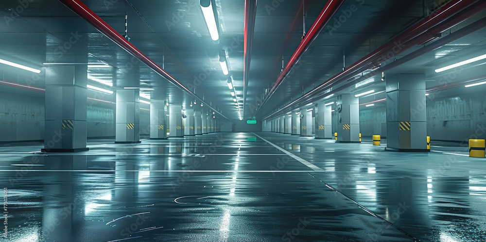 Empty underground parking. Generative AI.