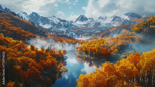 An aerial view of a serene mountain valley blanketed in a carpet of colorful autumn foliage