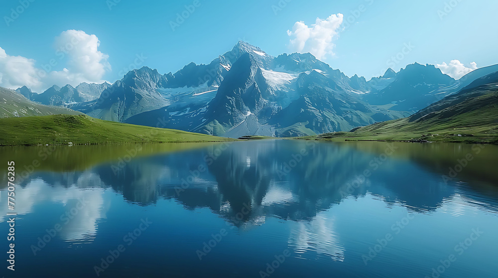 An aerial view of a serene mountain lake reflecting surrounding peaks