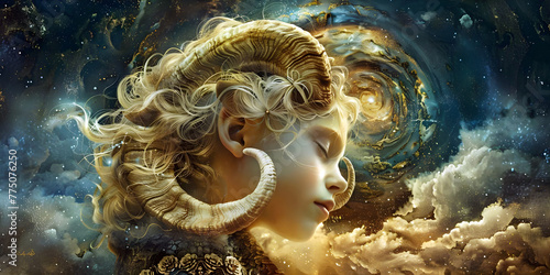 Young lady with rams horns with a cloud and star background, ai generated. photo
