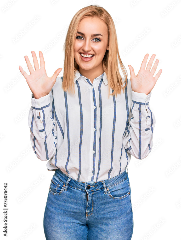 Beautiful caucasian woman wearing casual clothes showing and pointing up with fingers number ten while smiling confident and happy. Beautiful caucasian woman wearing casual clothes showing and pointing up with fingers number ten while smiling confident and happy.