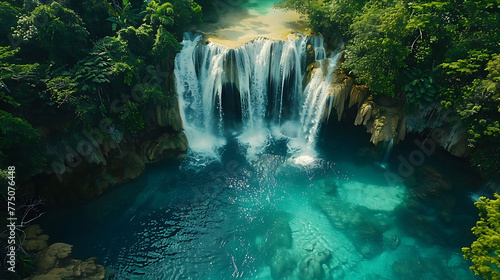 An aerial view of a serene waterfall cascading into a crystal-clear pool