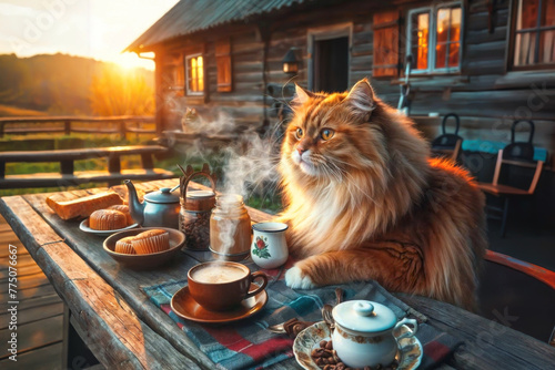 A big red cat sits at a wooden rustic table with a cup of coffee.