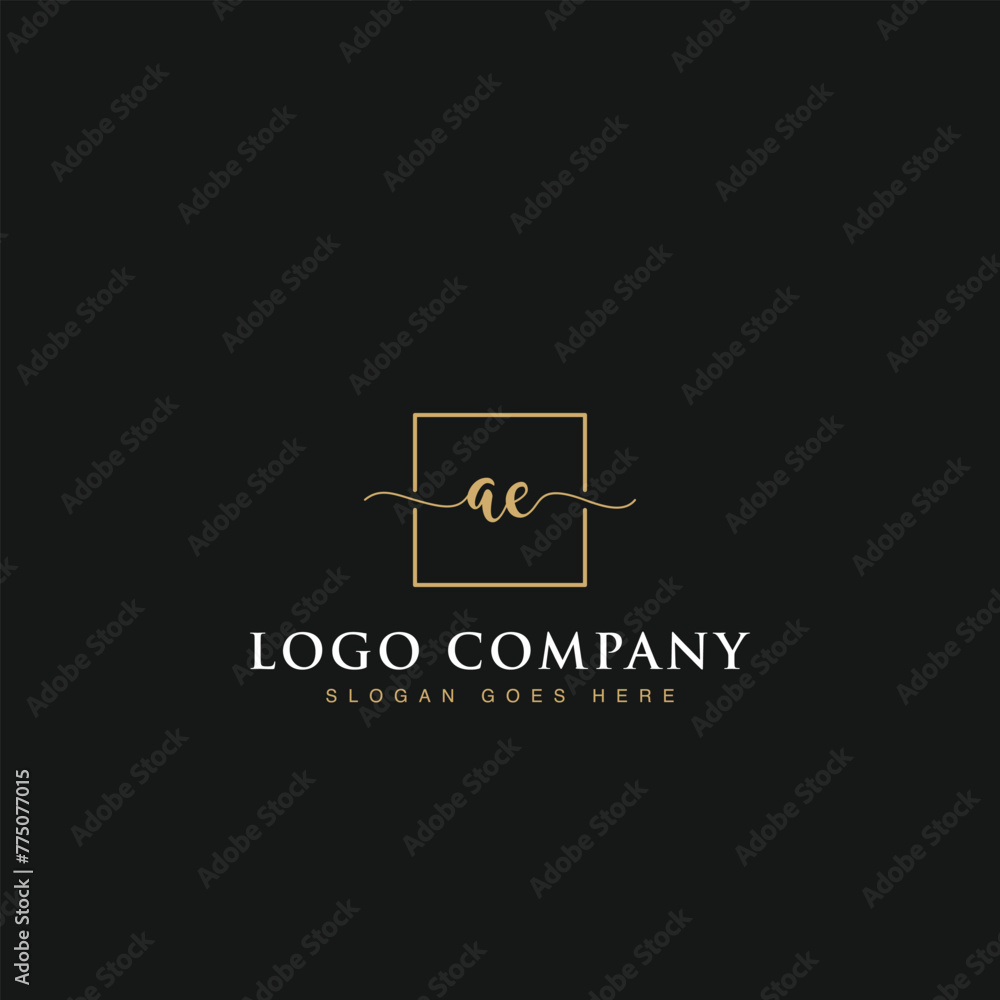 Initials signature letters AE linked inside minimalist luxurious square line box vector logo gold color designs for brand, identity, invitations, hotel, boutique, jewelry, photography or company signs Initials signature letters AE linked inside minimalist luxurious square line box vector logo gold color designs for brand, identity, invitations, hotel, boutique, jewelry, photography or company signs