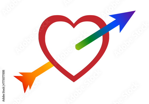 Icono de flechazo con un corazón atravesado por una flecha con la bandera LGTBIQ+. Día del orgullo