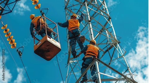 A workers with crane is working on the transmission tower of a high voltage line. linemen on boom lifts working on high voltage power line towers. Generative AI.