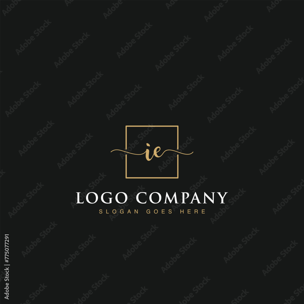 Initials signature letters IE linked inside minimalist luxurious square line box vector logo gold color designs for brand, identity, invitations, hotel, boutique, jewelry, photography or company signs Initials signature letters IE linked inside minimalist luxurious square line box vector logo gold color designs for brand, identity, invitations, hotel, boutique, jewelry, photography or company signs